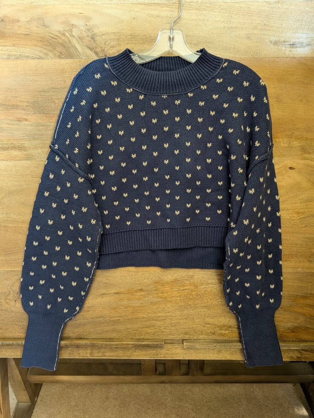 Free People Cropped Sweater Womens XS Navy Easy Street Pattern Long Sleeve NWT